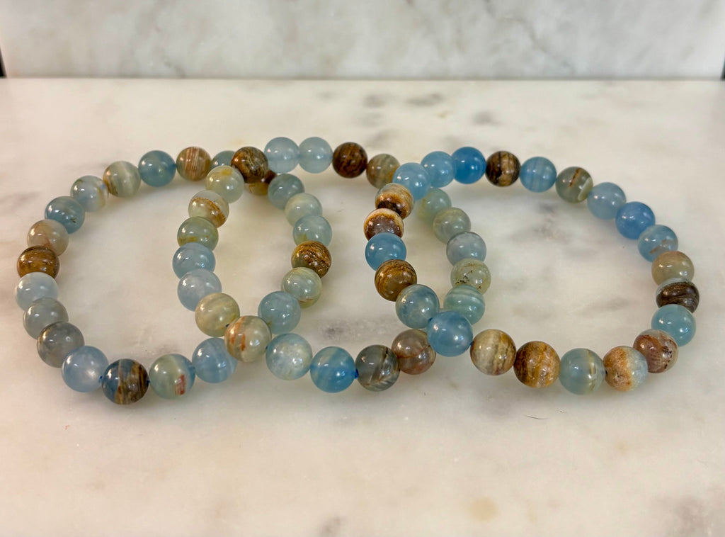 Aquatine Lemurian Calcite Bracelet (8mm) – Emotional Healing, Intuition & Inner Peace | Reiki-Infused Crystal Bracelet for Medium Wrists
