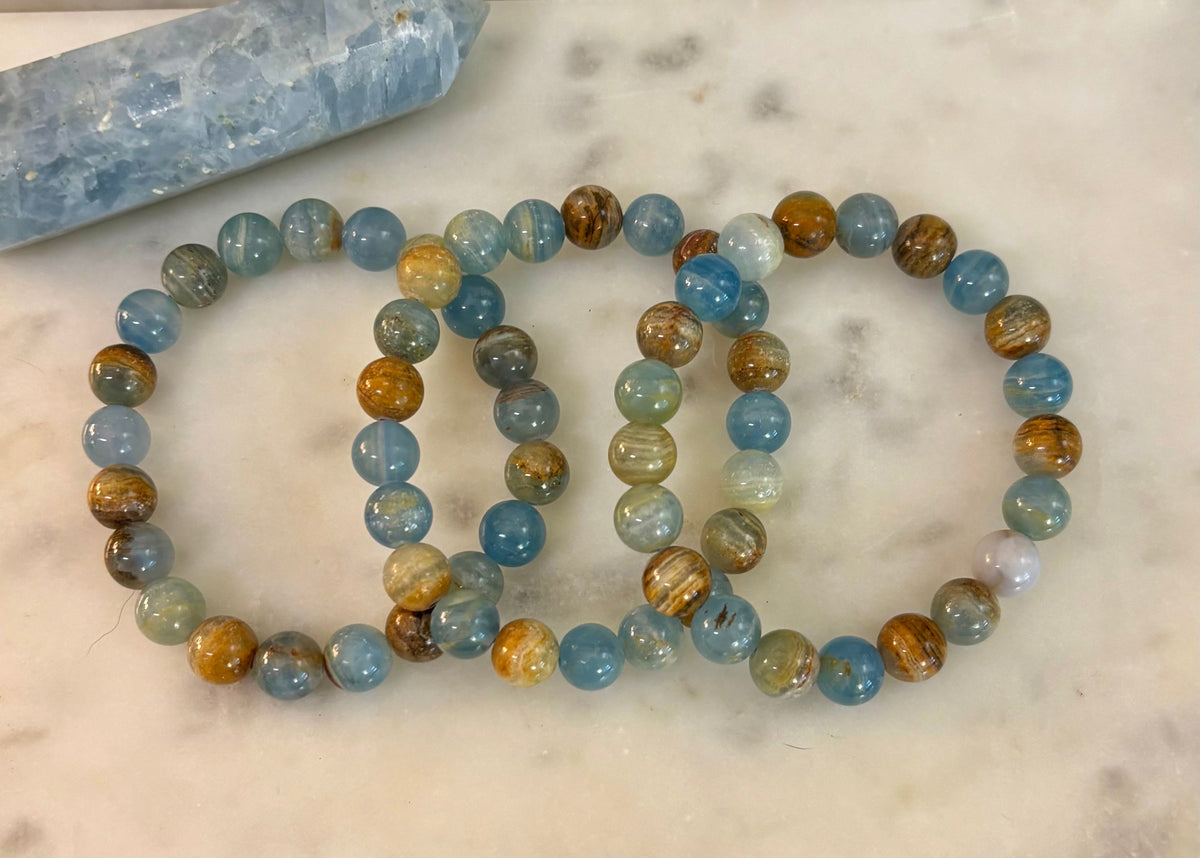 Aquatine Lemurian Calcite Bracelet (8mm) – Emotional Healing, Intuition & Inner Peace | Reiki-Infused Crystal Bracelet for Medium Wrists