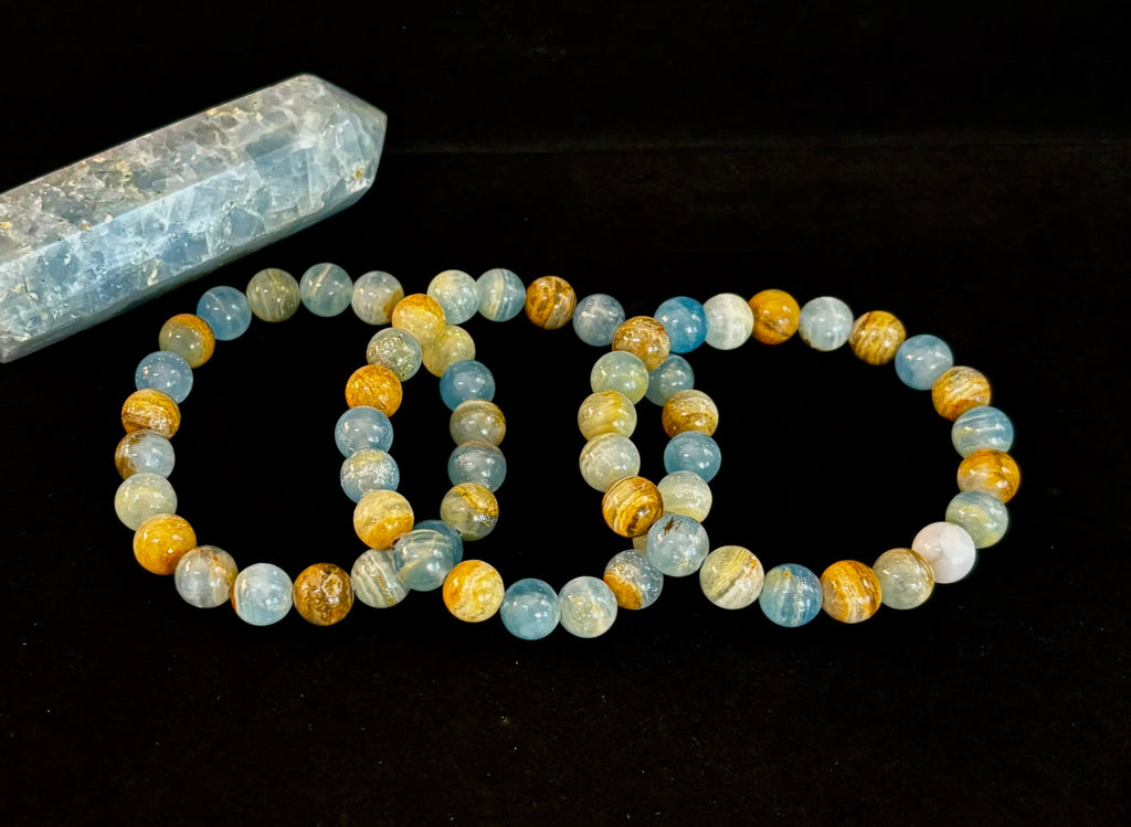 Aquatine Lemurian Calcite Bracelet (8mm) – Emotional Healing, Intuition & Inner Peace | Reiki-Infused Crystal Bracelet for Medium Wrists