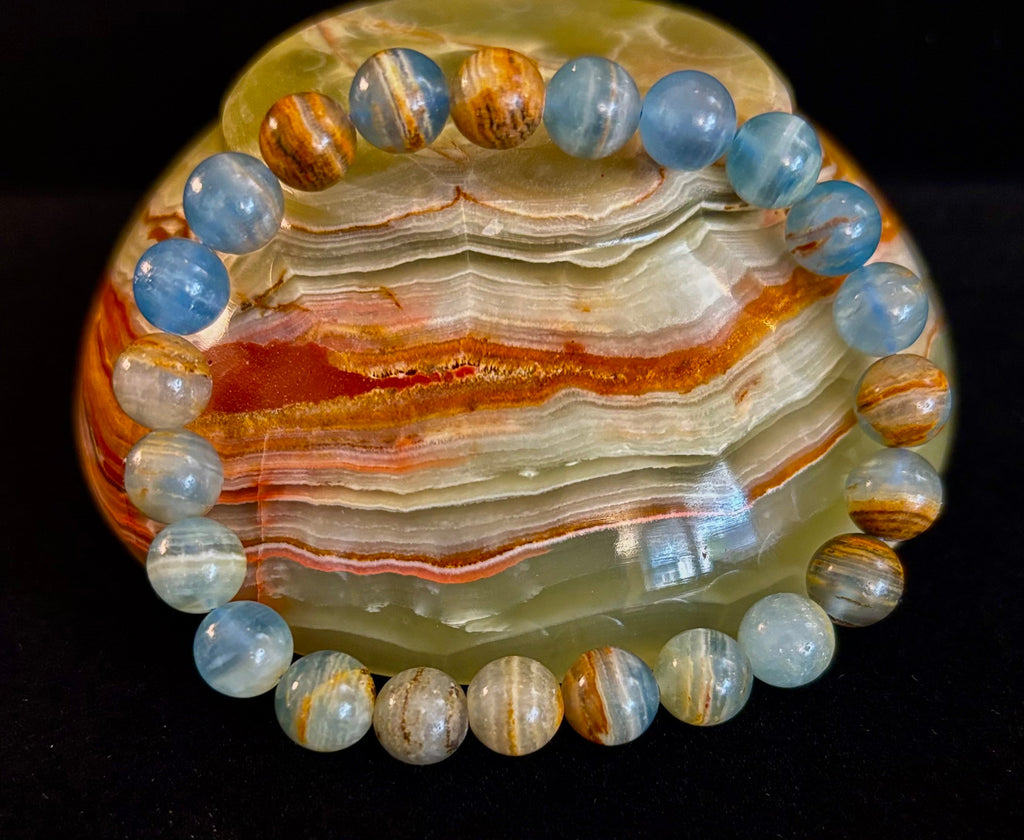 Aquatine Lemurian Calcite Bracelet (8mm) – Emotional Healing, Intuition & Inner Peace | Reiki-Infused Crystal Bracelet for Medium Wrists