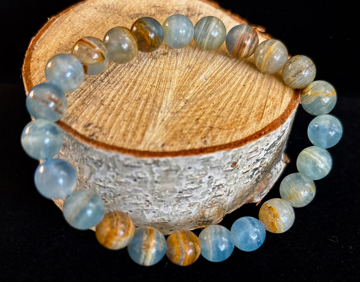 Aquatine Lemurian Calcite Bracelet (8mm) – Emotional Healing, Intuition & Inner Peace | Reiki-Infused Crystal Bracelet for Medium Wrists