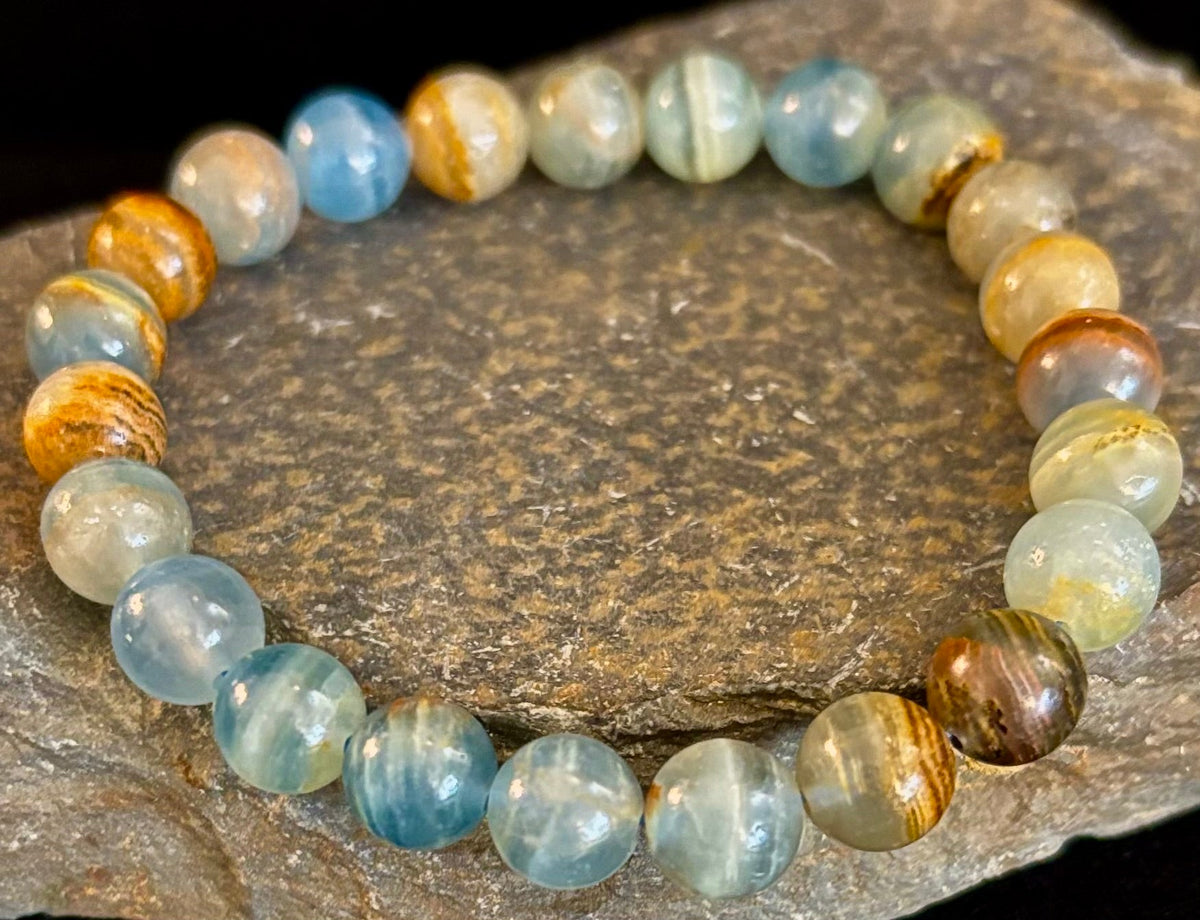 Aquatine Lemurian Calcite Bracelet (8mm) – Emotional Healing, Intuition & Inner Peace | Reiki-Infused Crystal Bracelet for Medium Wrists