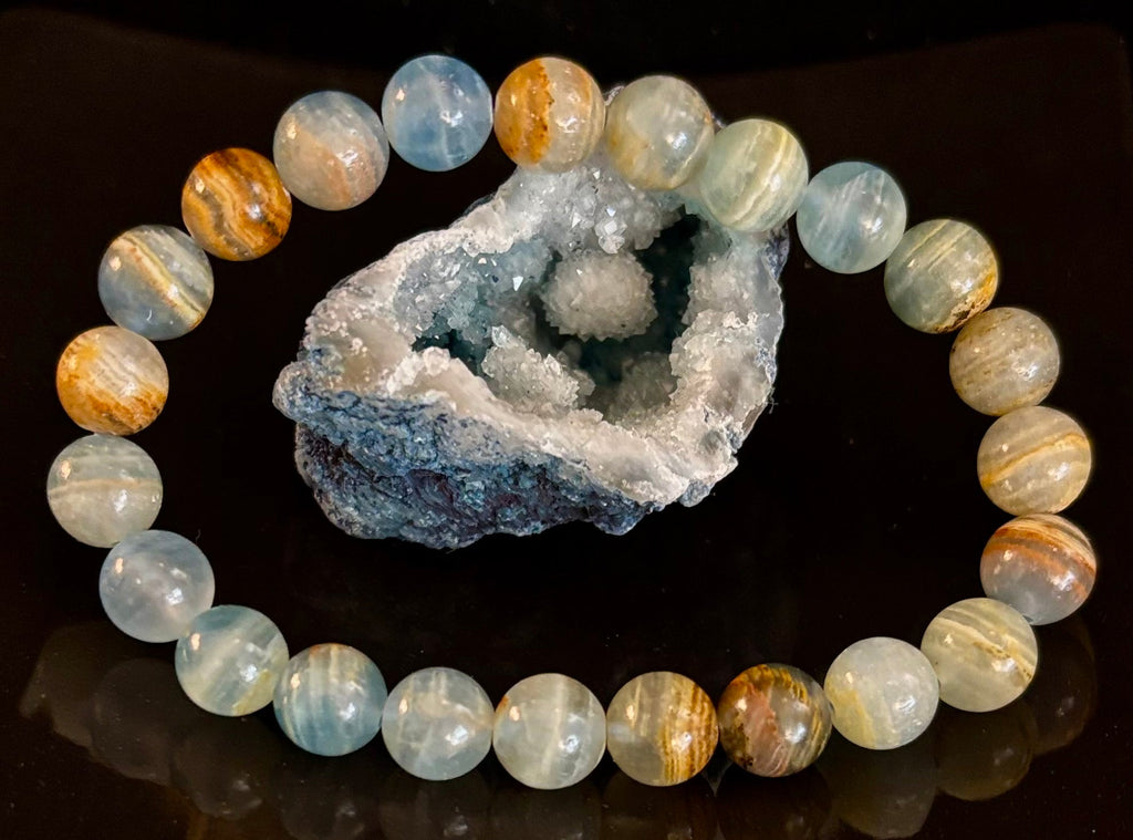Aquatine Lemurian Calcite Bracelet (8mm) – Emotional Healing, Intuition & Inner Peace | Reiki-Infused Crystal Bracelet for Medium Wrists