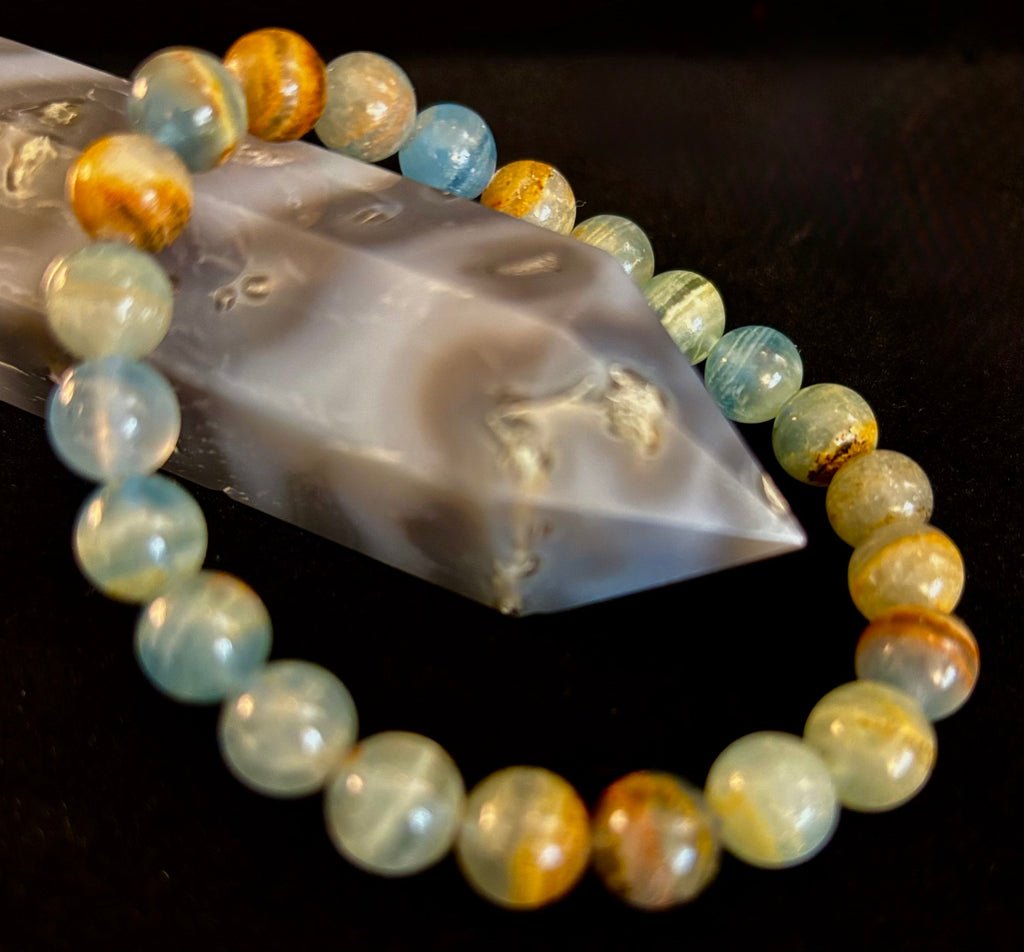 Aquatine Lemurian Calcite Bracelet (8mm) – Emotional Healing, Intuition & Inner Peace | Reiki-Infused Crystal Bracelet for Medium Wrists
