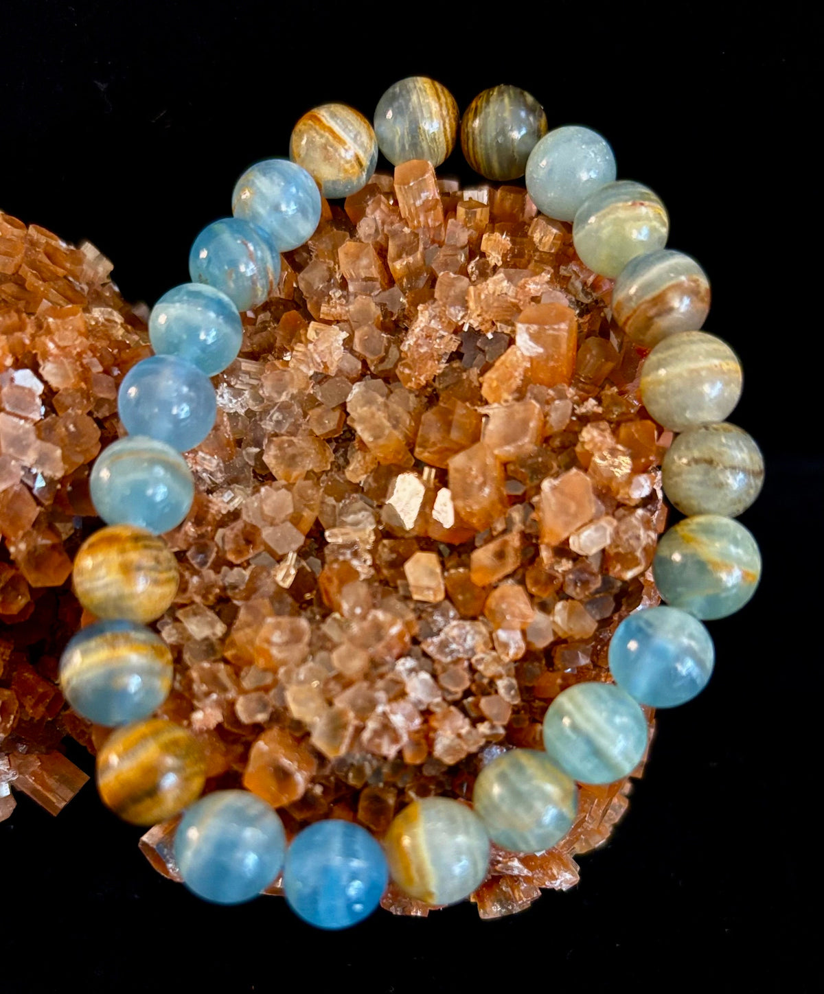 Aquatine Lemurian Calcite Bracelet (8mm) – Emotional Healing, Intuition & Inner Peace | Reiki-Infused Crystal Bracelet for Medium Wrists