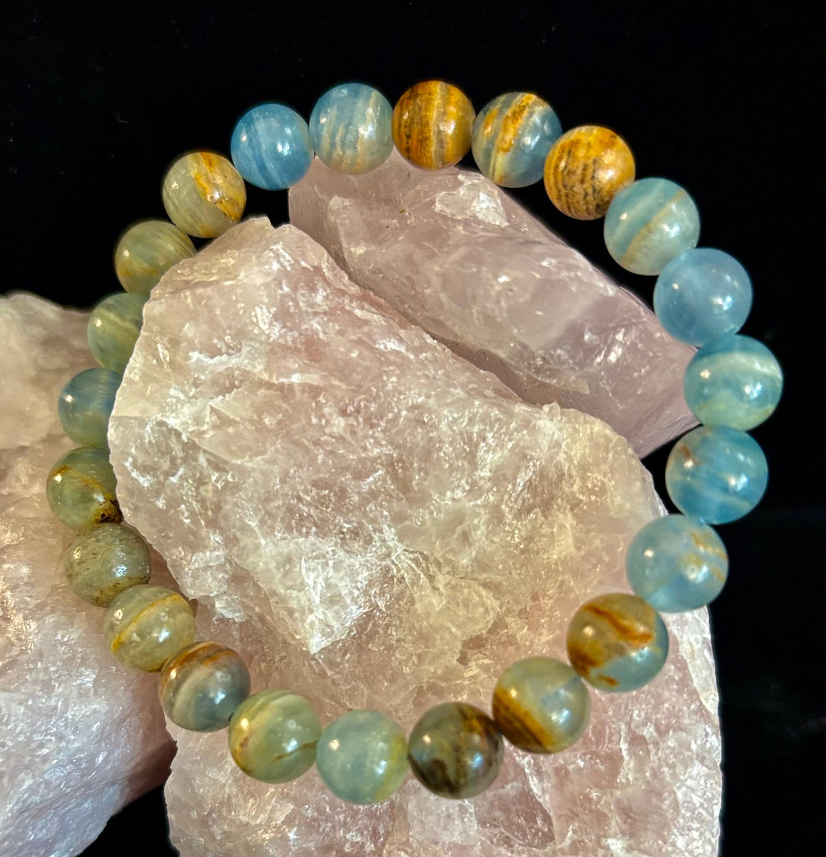 Aquatine Lemurian Calcite Bracelet (8mm) – Emotional Healing, Intuition & Inner Peace | Reiki-Infused Crystal Bracelet for Medium Wrists