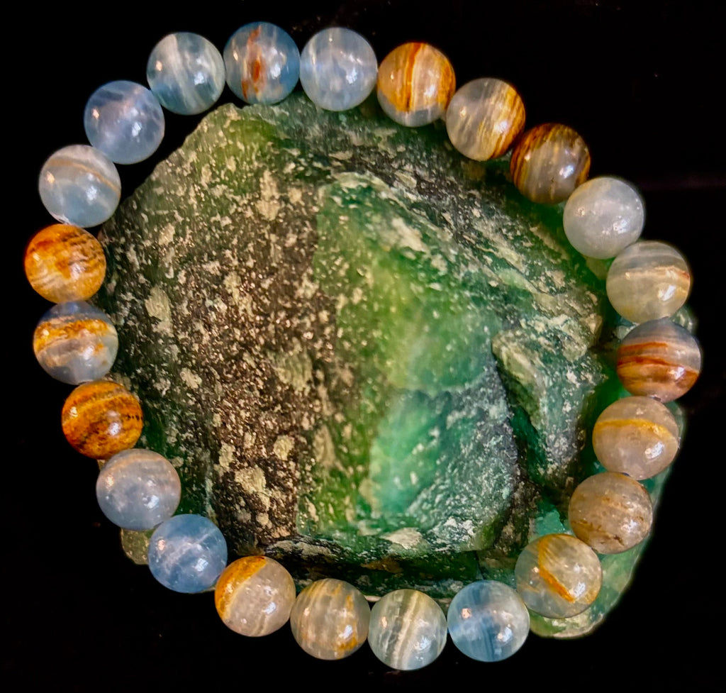 Aquatine Lemurian Calcite Bracelet (8mm) – Emotional Healing, Intuition & Inner Peace | Reiki-Infused Crystal Bracelet for Medium Wrists