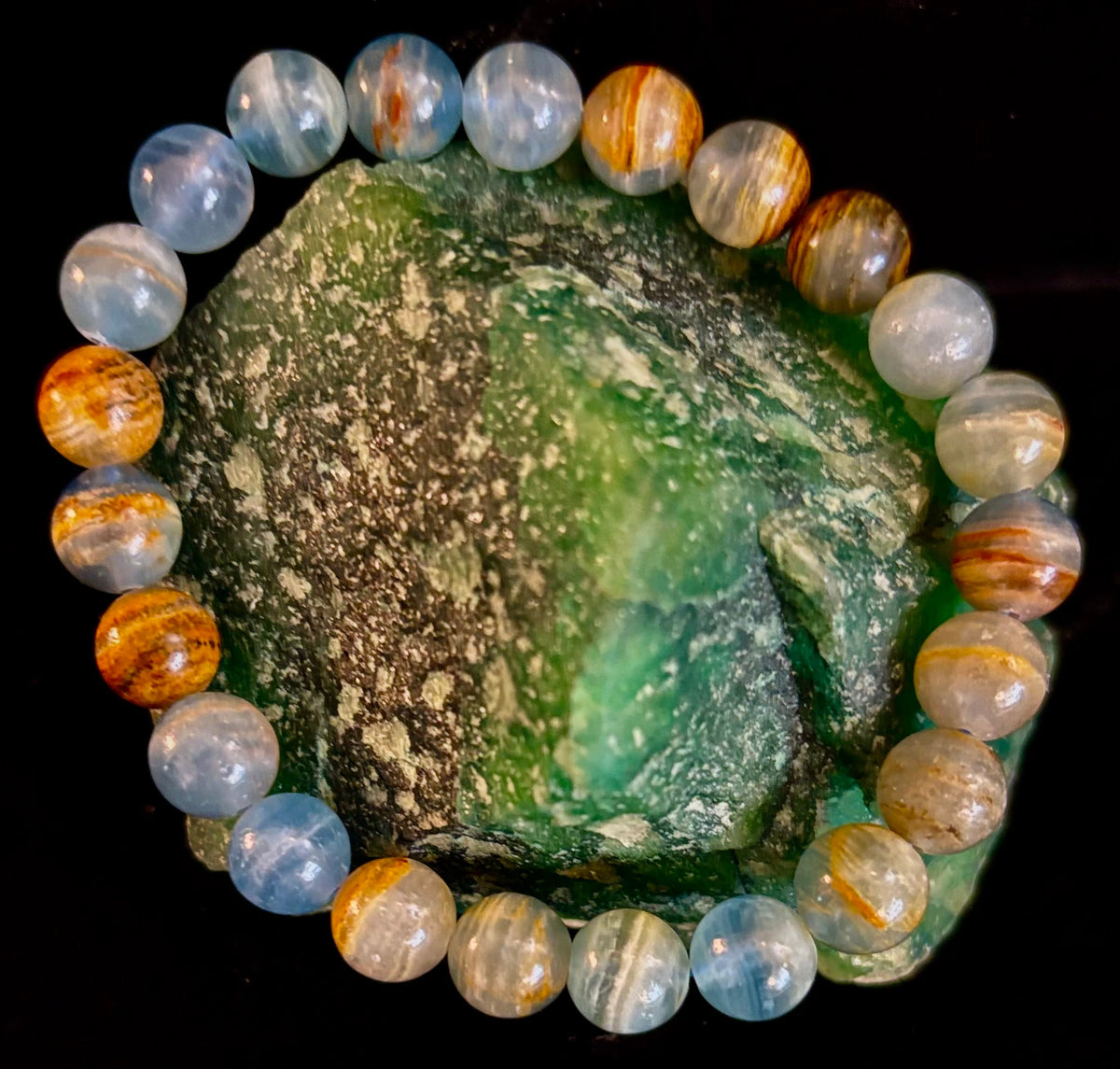 Aquatine Lemurian Calcite Bracelet (8mm) – Emotional Healing, Intuition & Inner Peace | Reiki-Infused Crystal Bracelet for Medium Wrists