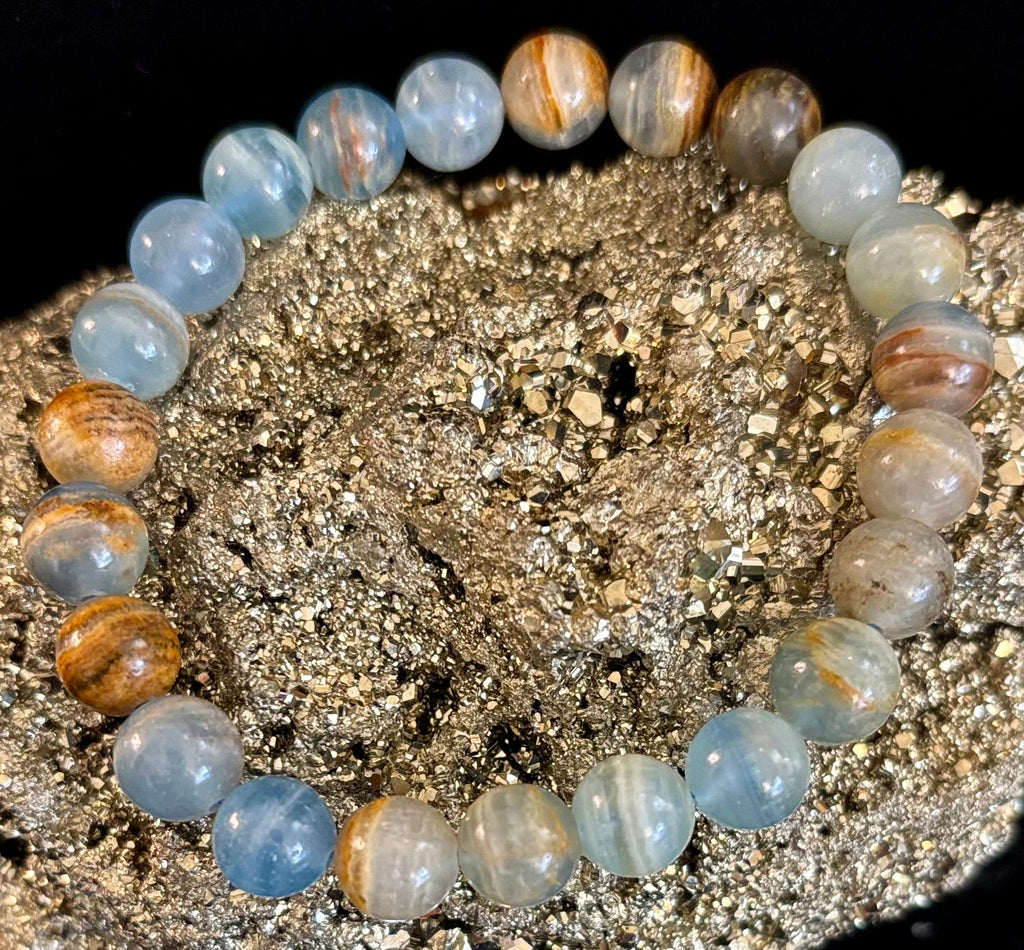 Aquatine Lemurian Calcite Bracelet (8mm) – Emotional Healing, Intuition & Inner Peace | Reiki-Infused Crystal Bracelet for Medium Wrists