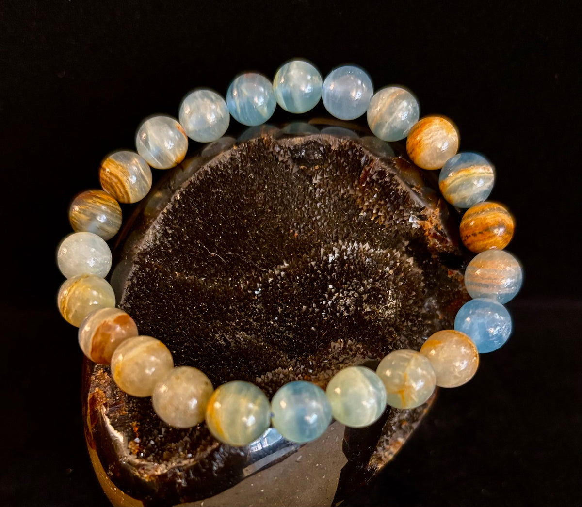 Aquatine Lemurian Calcite Bracelet (8mm) – Emotional Healing, Intuition & Inner Peace | Reiki-Infused Crystal Bracelet for Medium Wrists