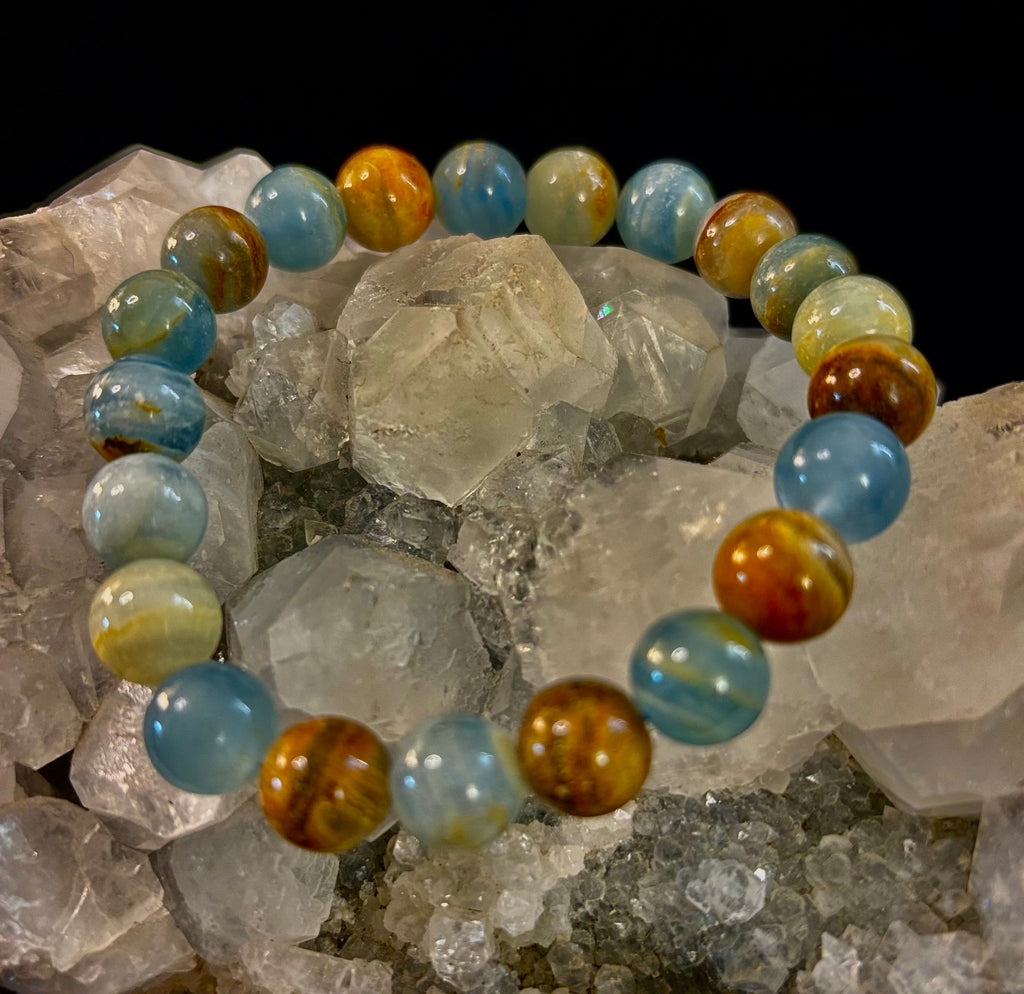 Aquatine Lemurian Calcite Bracelet (8mm) – Emotional Healing, Intuition & Inner Peace | Reiki-Infused Crystal Bracelet for Medium Wrists
