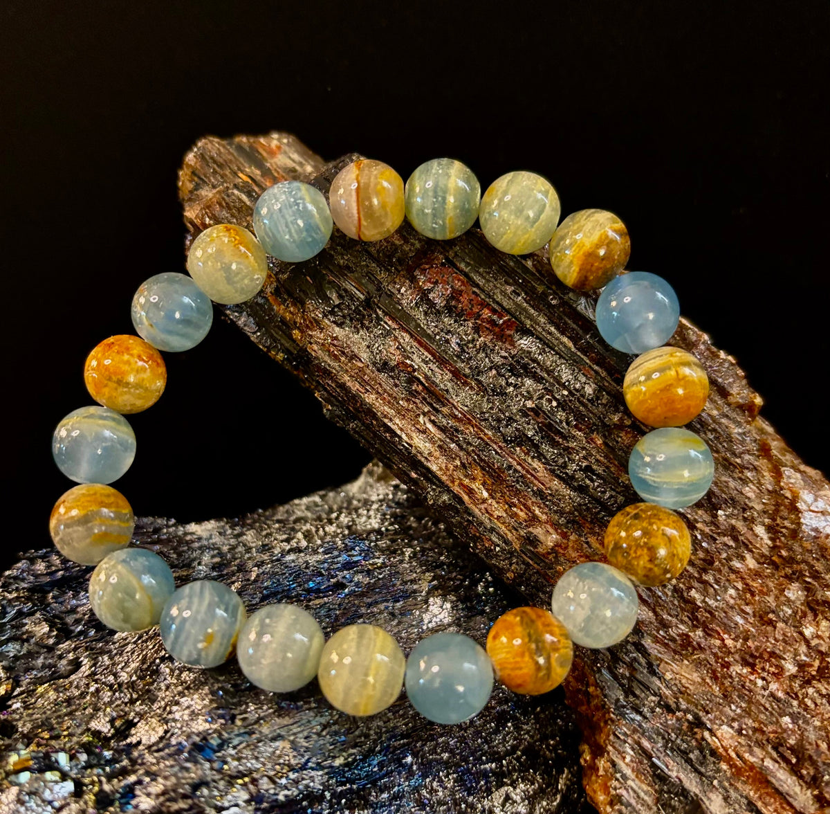 Aquatine Lemurian Calcite Bracelet (8mm) – Emotional Healing, Intuition & Inner Peace | Reiki-Infused Crystal Bracelet for Medium Wrists