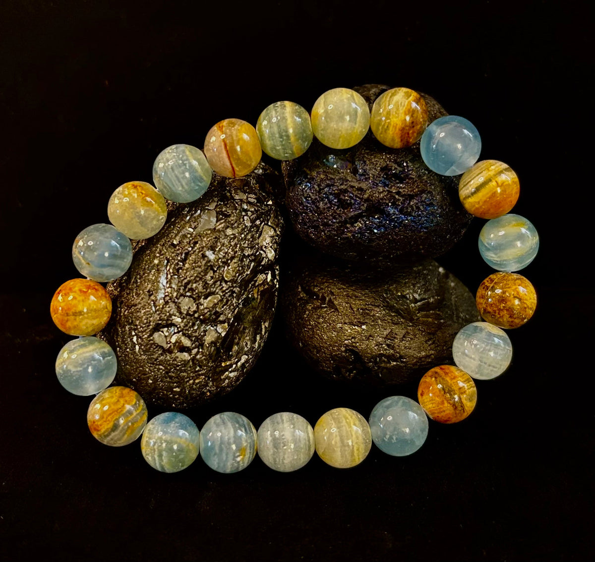 Aquatine Lemurian Calcite Bracelet (8mm) – Emotional Healing, Intuition & Inner Peace | Reiki-Infused Crystal Bracelet for Medium Wrists