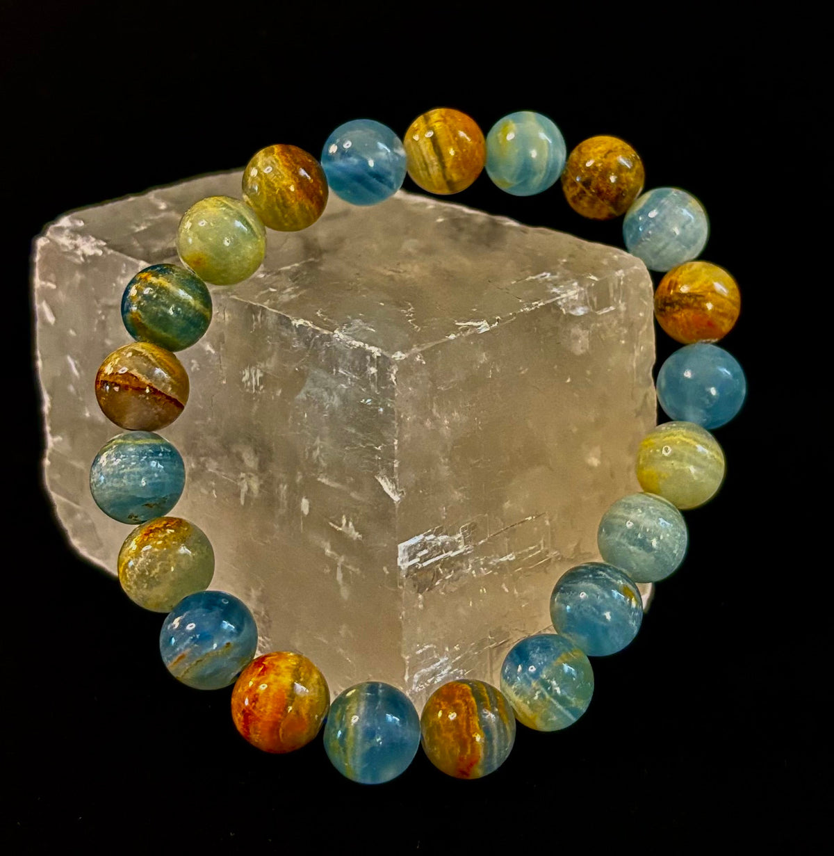 Aquatine Lemurian Calcite Bracelet (8mm) – Emotional Healing, Intuition & Inner Peace | Reiki-Infused Crystal Bracelet for Medium Wrists